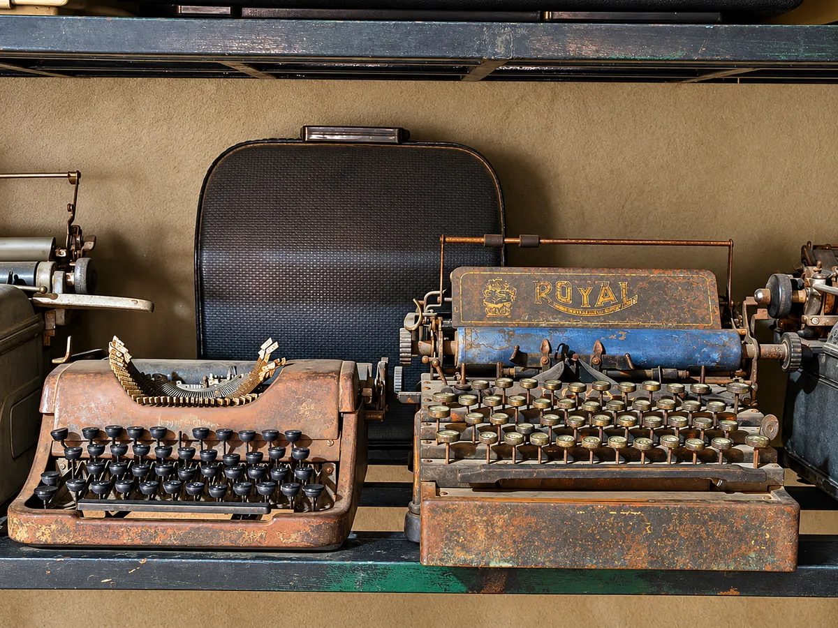 Dos máquinas de escribir antiguas con óxido, una de marca Royal