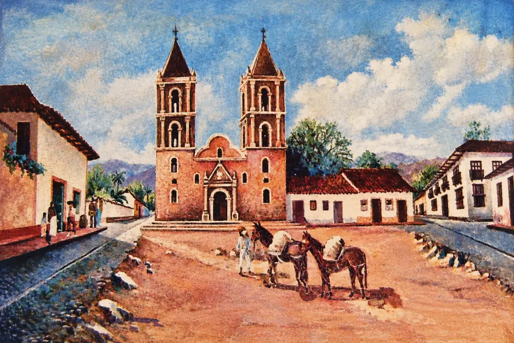 Pintura del templo de Villa del Rosario, con sus dos torres, y arrieros con mulas en la plaza